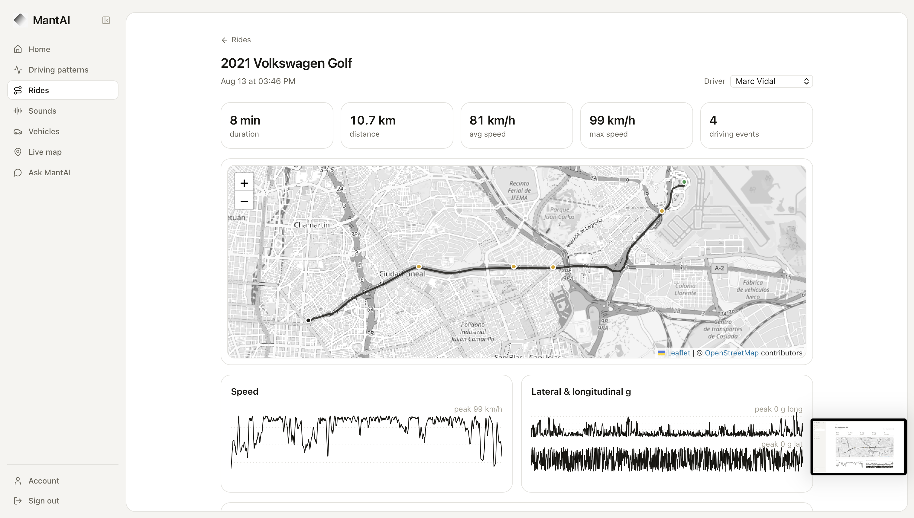 Ride replay showing GPS trail, speed and lateral g-force for every drive